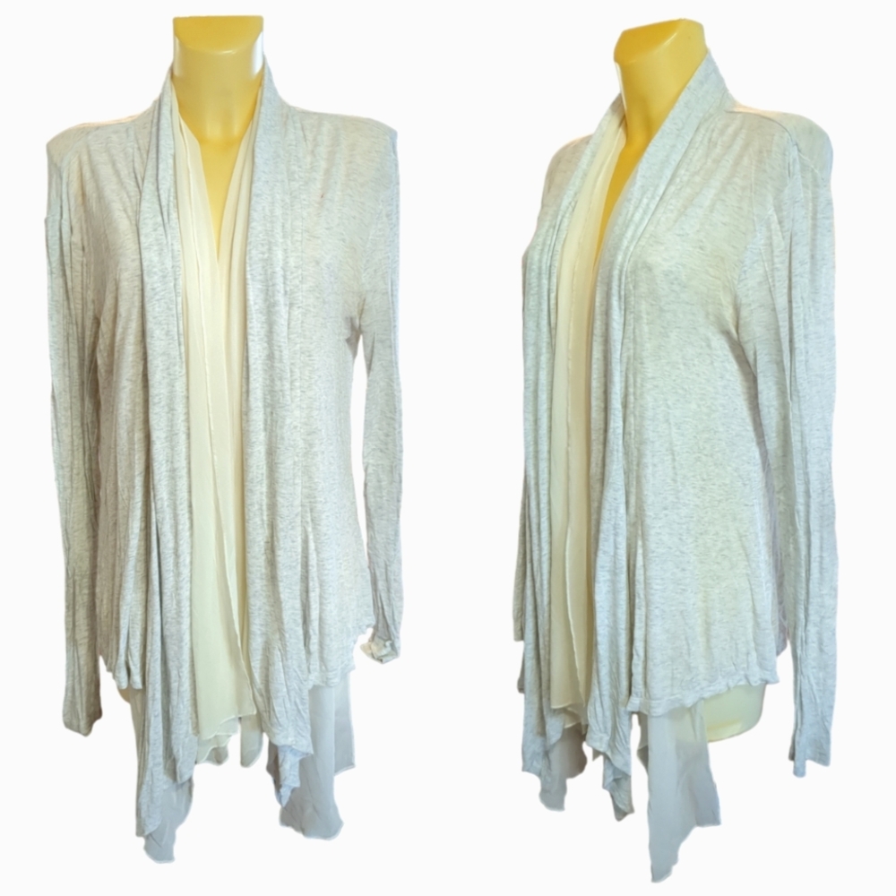 🌹3/15🌹CABI Lightweight Grey Waterfall Open Front Cardigan with Mesh Accent